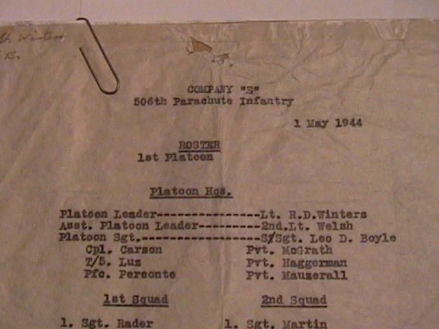 Registro de la época en el que aparece el teniente Richard Winters como jefe de pelotón