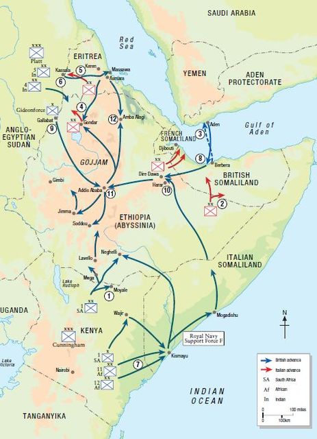 Mapa de las operaciones en el África Oriental. En rojo la ofensiva italiana del verano de 1940. En azul la ofensiva británica de comienzos 1941